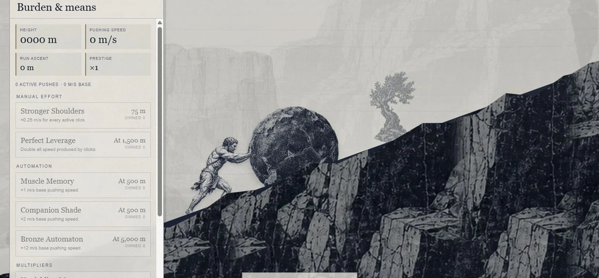 Sisyphus pushing a boulder up a painted mountain